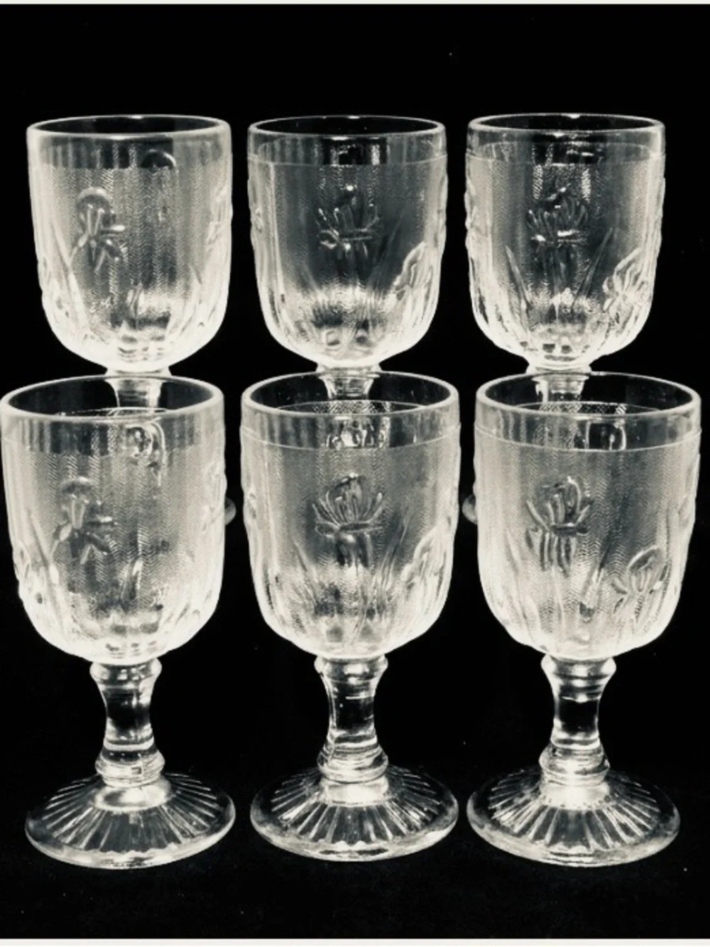 Jeannette Iris & Herringbone Clear Depression Glass 6 Wine Goblets & Plate.